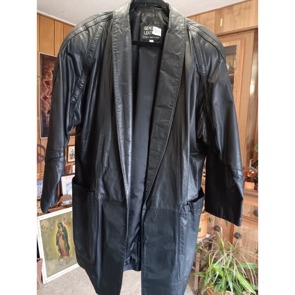 Vintage 1980s long black leather coat open front large pockets women's 1X - Picture 1 of 4